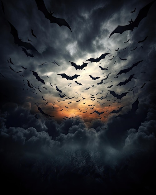 Spooky moon in cloudy sky with bats Halloween night