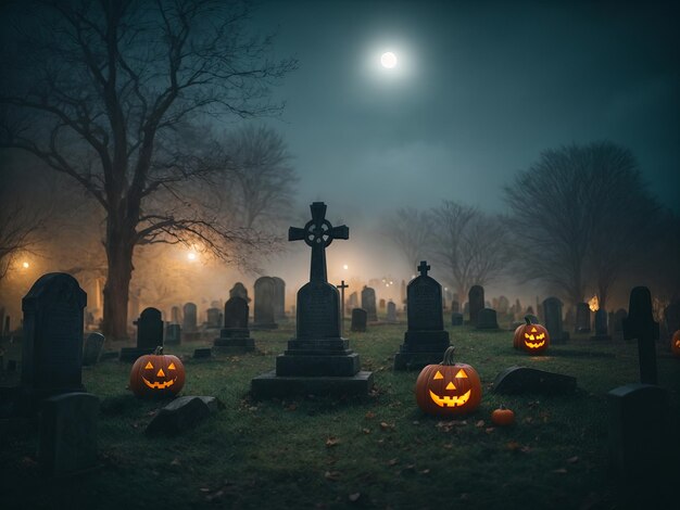 Spooky Moonlit Cemetery in the Fog