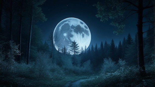 보름달이 있는 으스스한 밤 숲 배경