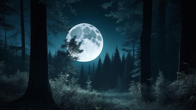 Spooky night forest background with full moon