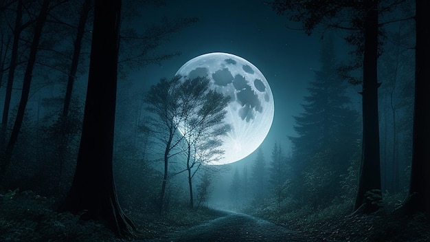 보름달이 있는 으스스한 밤 숲 배경