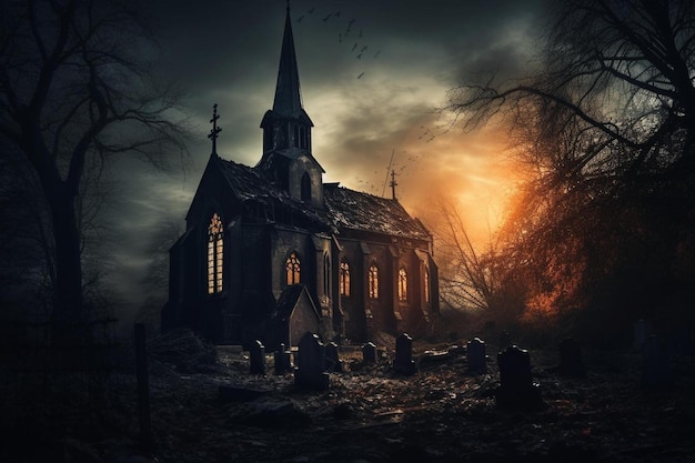 a spooky old church with a sunset behind it