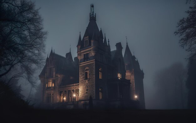 Spooky old gothic castle foggy night haunted mansion AI Generative AI