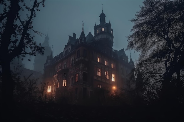 Spooky old gothic castle foggy night haunted mansion