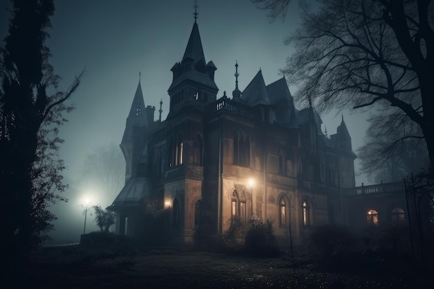 으스스한 오래된 고딕 성 안개가 자욱한 밤 유령의 저택