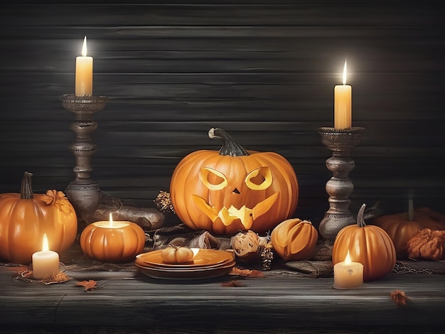 Spooky old Halloween table with pumpkin decoration in dark room