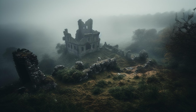 Spooky old ruin in foggy landscape mystery generated by AI