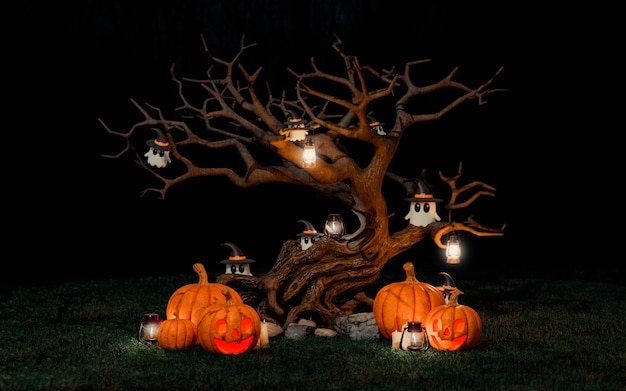 Foto spooky outdoor halloween decorazione di sfondo con zucca ghost dead tree e lanterna