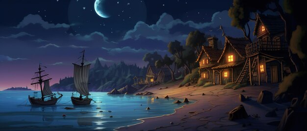 Spooky pirate shore background illustration