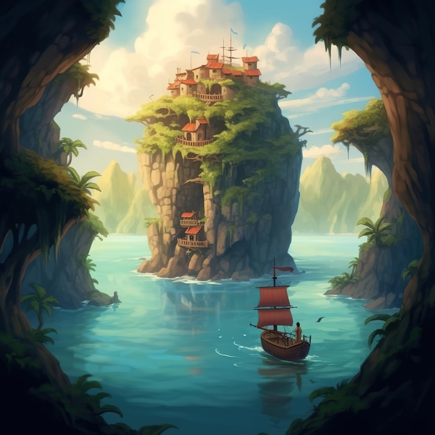 Иллюстрация фона пугающего пиратского берега