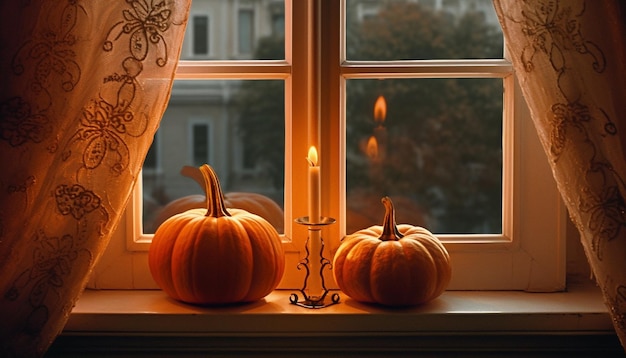 Spooky pumpkin decoration illuminates rustic autumn table with candlelight glow generated by artificial intelligence