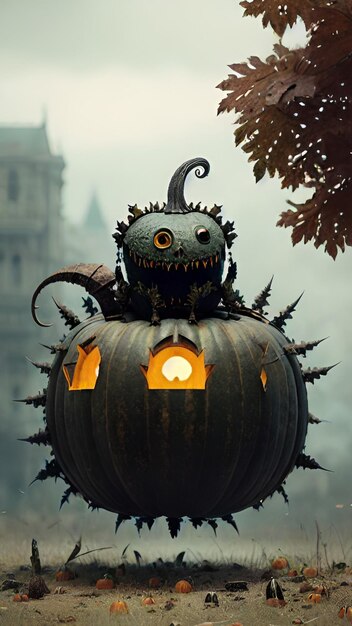 A spooky pumpkin with a house on it