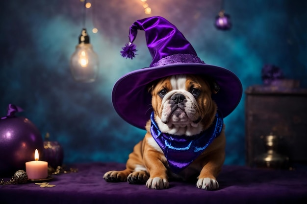 Spooky Pup Delight Bulldog in Witch Hat Ready for Halloween Festivities