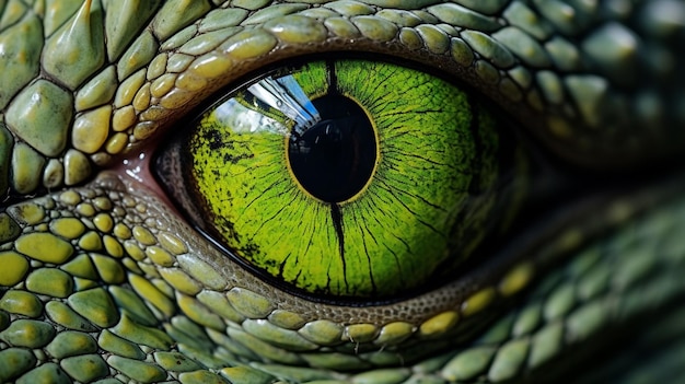 Photo spooky reptile portrait a close up of a green iguana eye