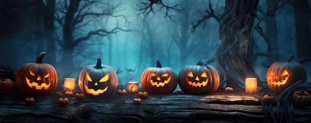 A spooky scary forest with a pumpkin bat moon on a scary halloween night Generative ai