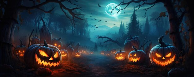 Photo a spooky scary forest with a pumpkin bat moon on a scary halloween night generative ai