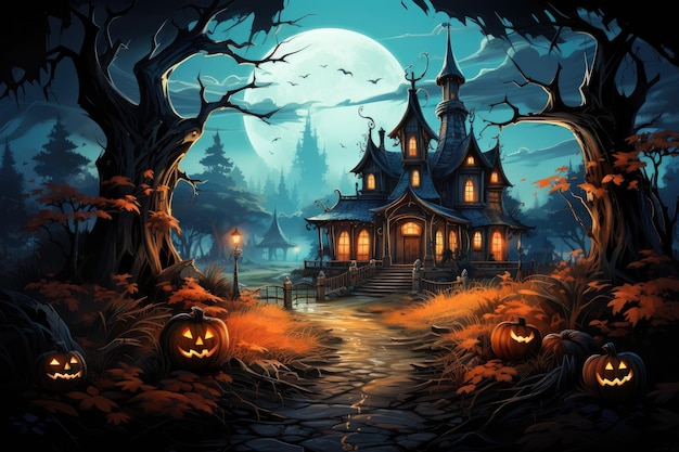 A spooky scary forest with a pumpkin bat moon on a scary halloween night Generative ai