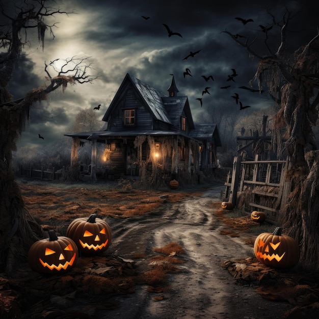 A spooky scary forest with a pumpkin bat moon on a scary halloween night Generative ai