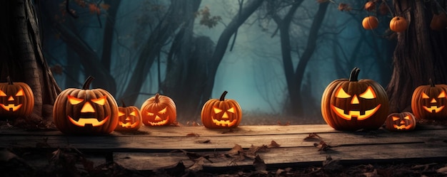 A spooky scary forest with a pumpkin bat moon on a scary halloween night Generative ai