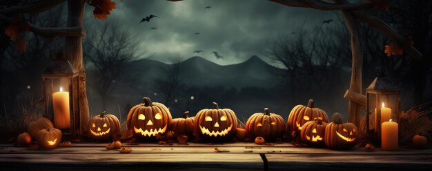 恐ろしいハロウィーンの夜にカボチャのコウモリの月がある不気味な怖い森生成 ai