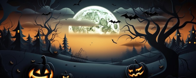 Жуткий страшный лес с тыквенной летучей луной в страшную ночь Хэллоуина Генеративный ИИ