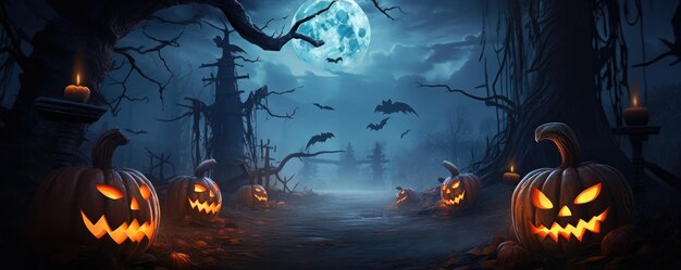 Photo a spooky scary forest with a pumpkin bat moon on a scary halloween night generative ai