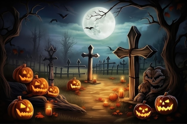 Страшный страшный лес с тыквенной луной в страшную ночь Хэллоуина