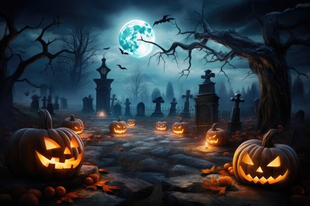 Photo a spooky scary forest with a pumpkin bat moon on a scary halloween night generative ai