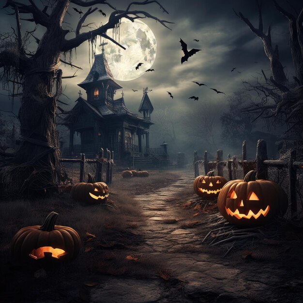 A spooky scary forest with a pumpkin bat moon on a scary halloween night Generative ai