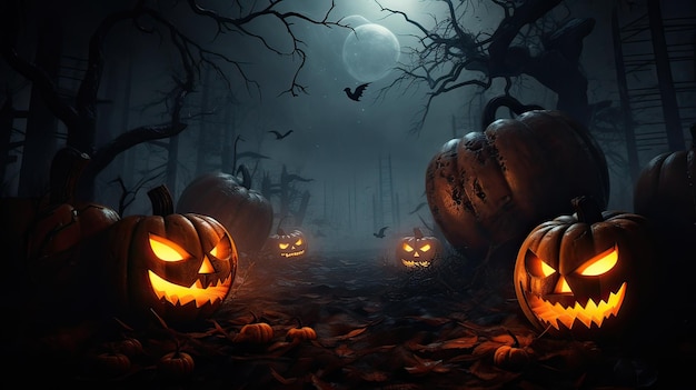 Premium AI Image | A spooky scary forest with a pumpkin bat moon