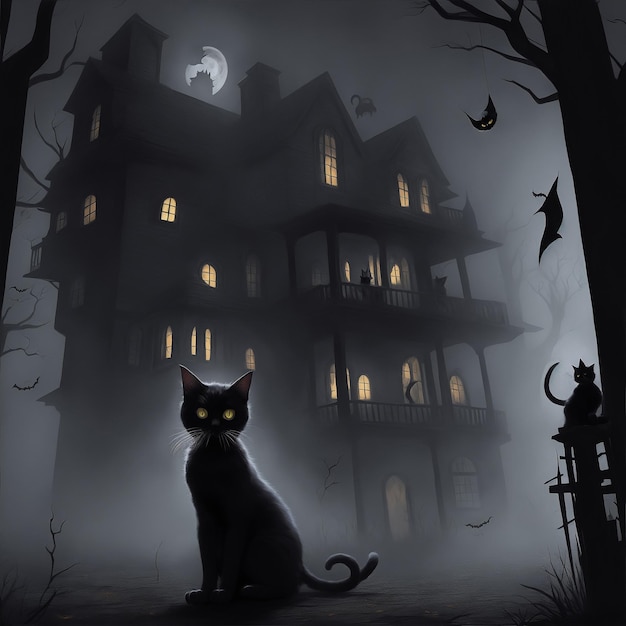 Жуткий страшный кот Хэллоуина в доме с привидениями, окруженном духами теней и туманом