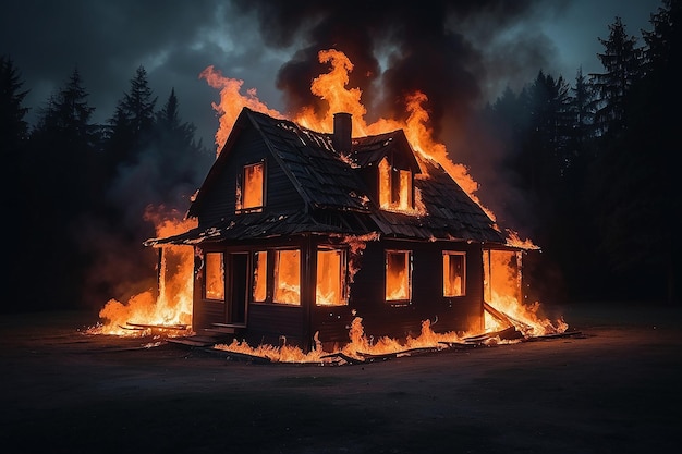 Photo spooky scene of a burning house in the dark