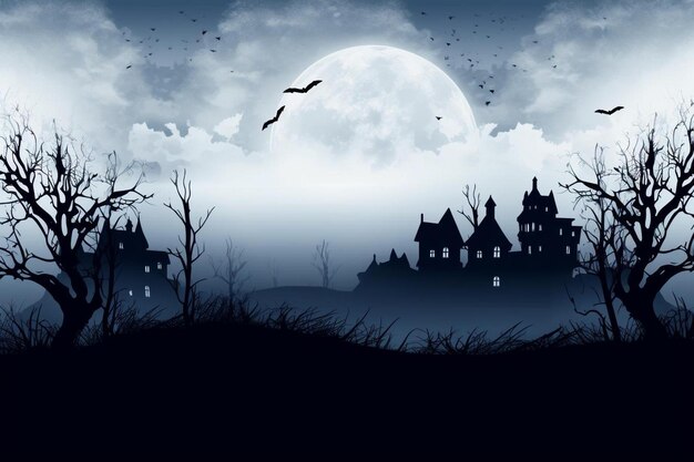 Photo a spooky scene of a spooky castle with bats flying in the sky