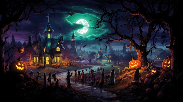 a spooky scene of a spooky castle with a pumpkin on the top.