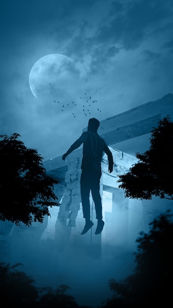 Photo spooky scene with man floating