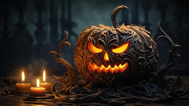 Spooky Shadow of Carved Pumpkin with Candle Inside AI Generated
