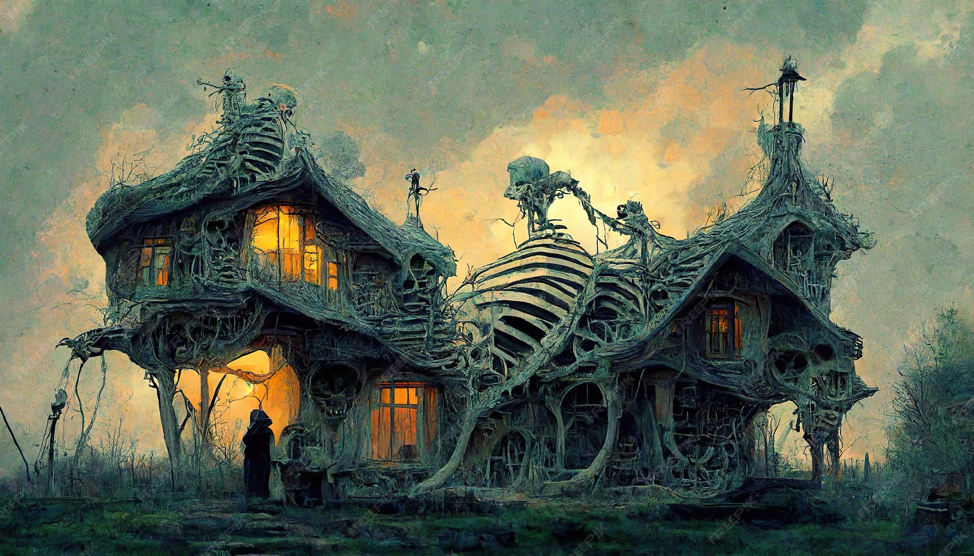 Premium Photo | Spooky skeleton house bones housing halloween creepy  concept art illustration