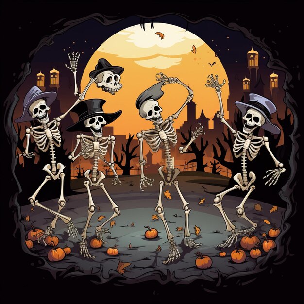 Photo spooky skeleton shuffle cartoon halloween dance party in a graveyard