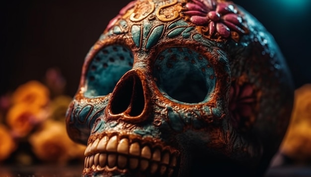 Spooky souvenir ancient human skull decoration for Day of the Dead generated by AI