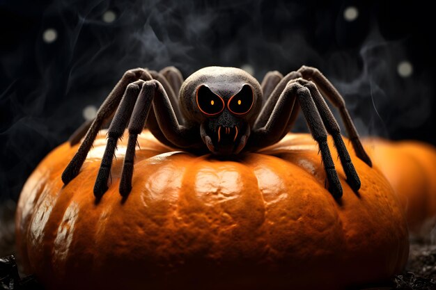 Photo spooky spider crawling over a giant pumpkin web of halloween