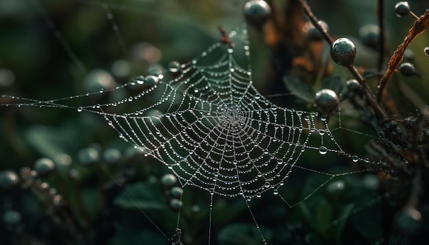 Spooky spider spins silk trap in dewy forest meadow generated by AI