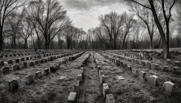 Photo a spooky tombstone monument vanishing into the dimming perspective generated by ai