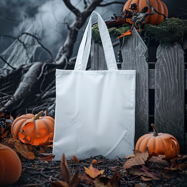 Spooky Tote Bag Mockup Halloween Setting with White Bag