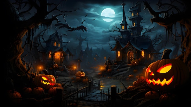 Spooky town halloween village at Moonlight Magical Halloween scene with Jack o Lanterns Haunted