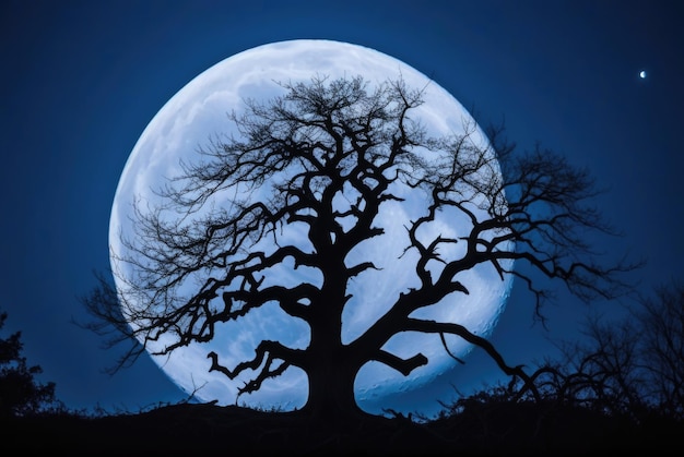 spooky tree against the backdrop of a big moon