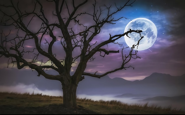 Spooky tree against a big moon painting photo dark forest