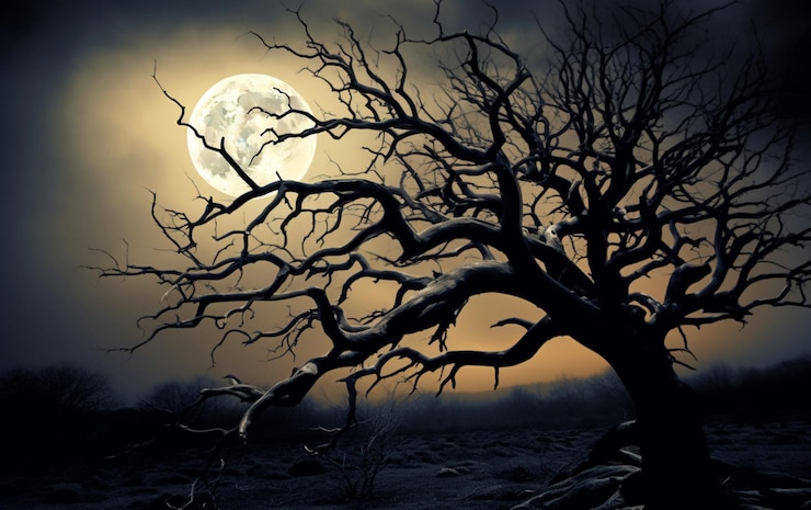 Photo spooky tree against a big moon