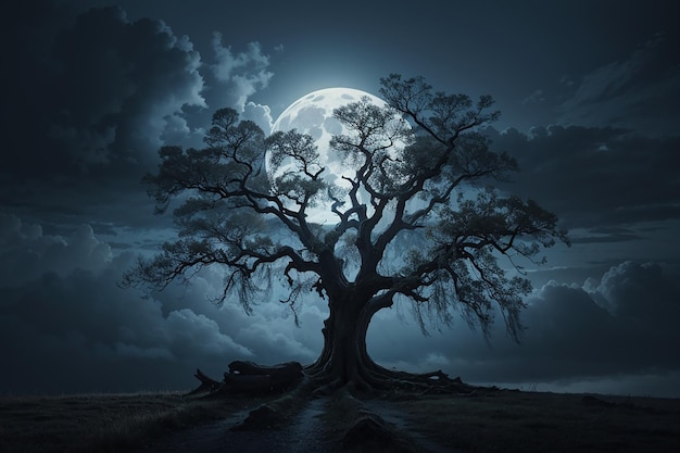 큰 달을 배경으로 무서운 나무