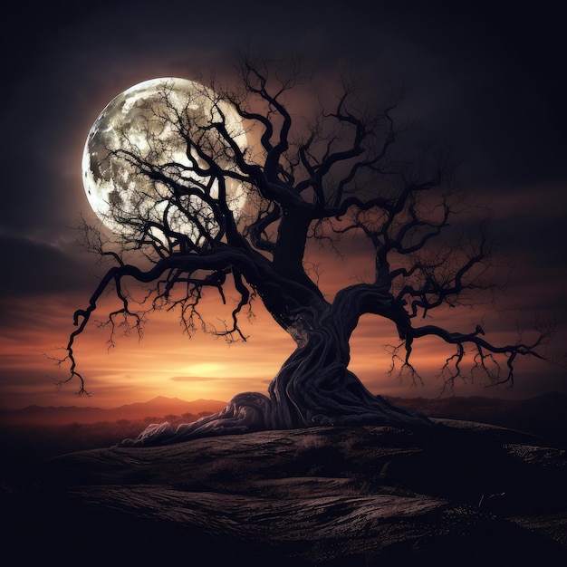 spooky tree against a big moon