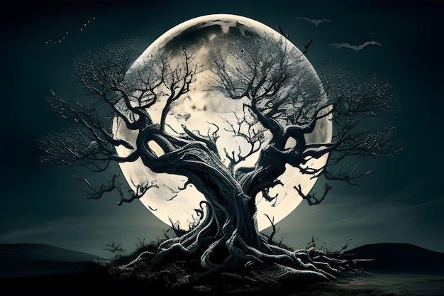 A spooky tree with a full moon in the background